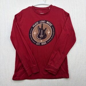 Max Mens Slim Fit Long Sleeve Graphic T-Shirt Red Peace Love Music Guitar Large